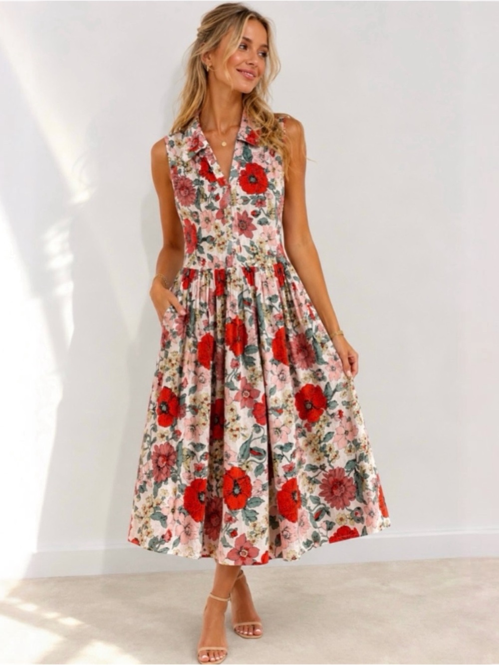French Connection Iona Valetudo Floral Sleeveless Shirtdress, - White
